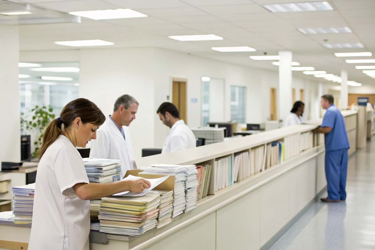 Hospital billing office with clerks processing MedPay claims paperwork.