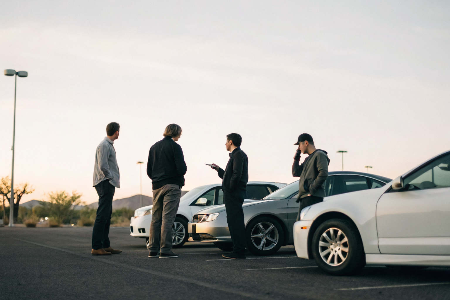 Drivers in Arizona discussing insurance coverage in a parking lot.