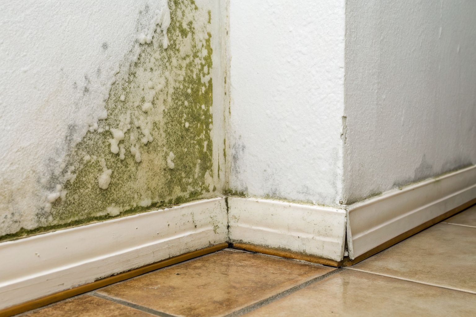 Close-up of wall with mold and water stains, showing differences.
