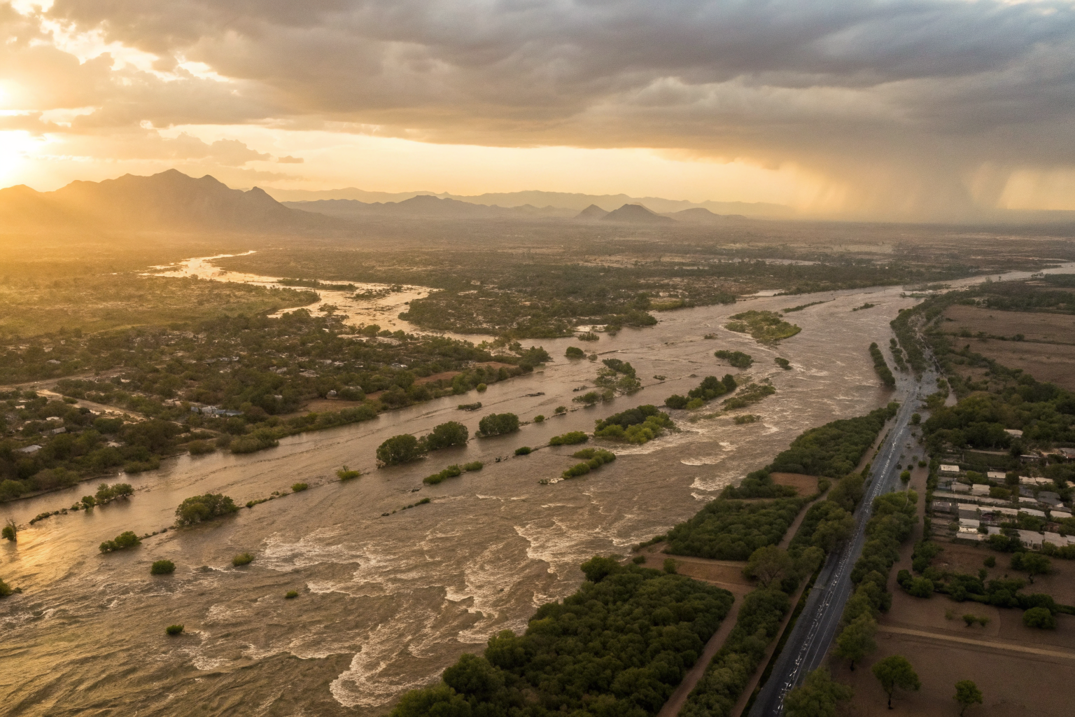 Aerial view of Phoenix with rapid monsoon flash floods.