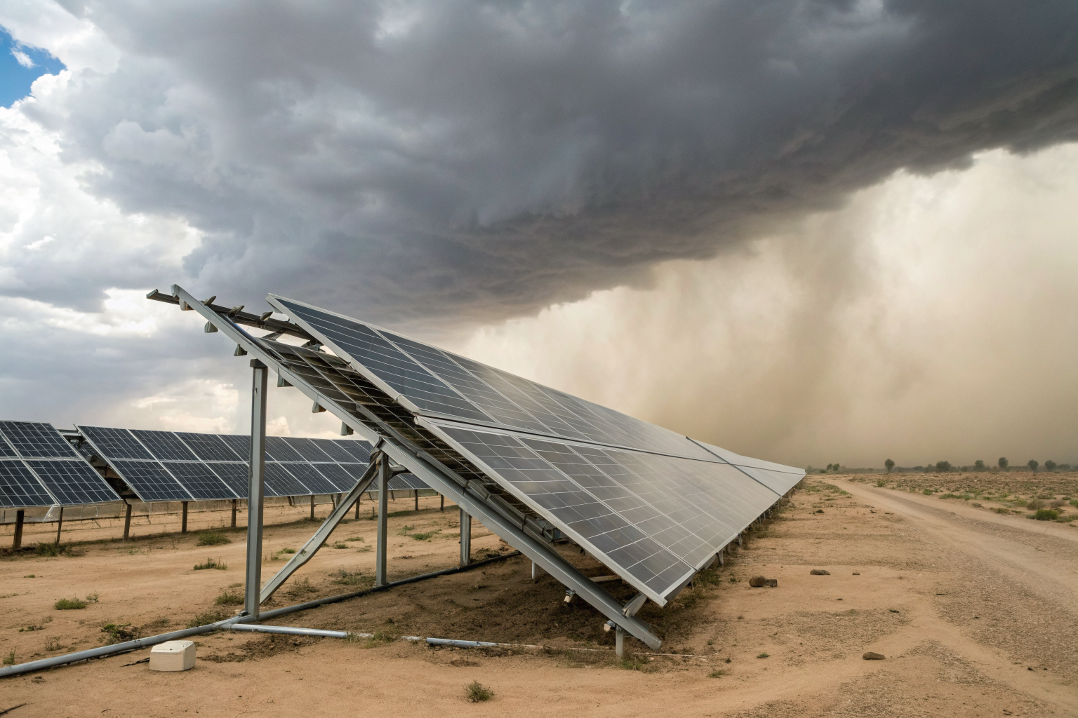 Solar panel racking misaligned by strong monsoon winds.