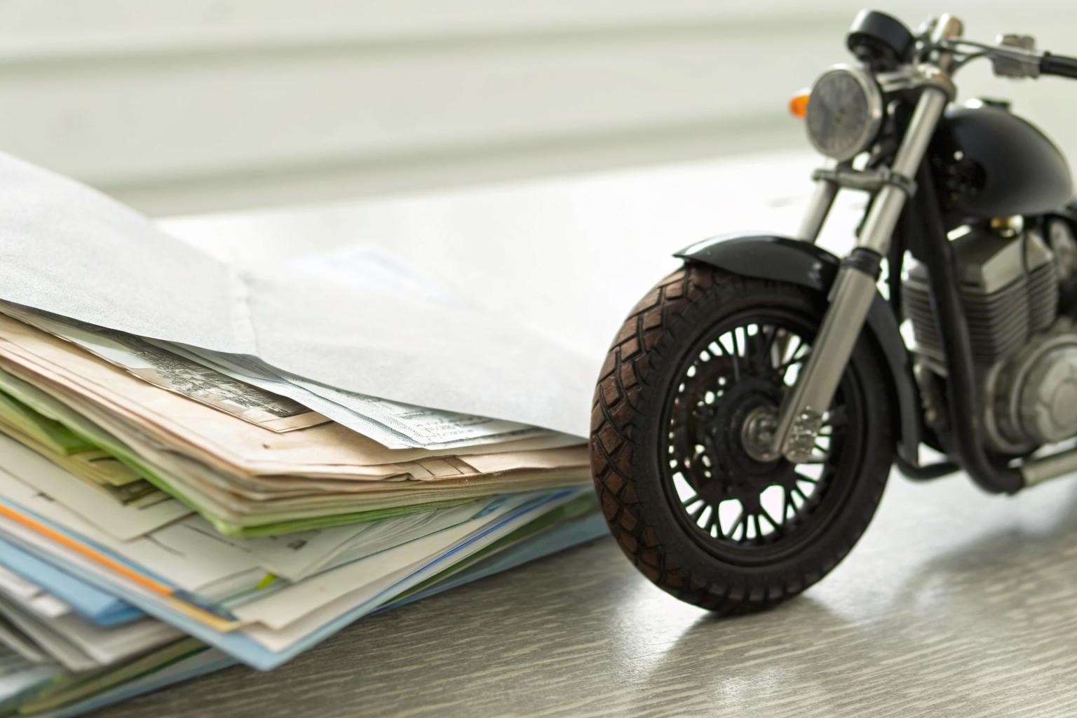 Motorcycle with layered insurance documents on table, detailed view.