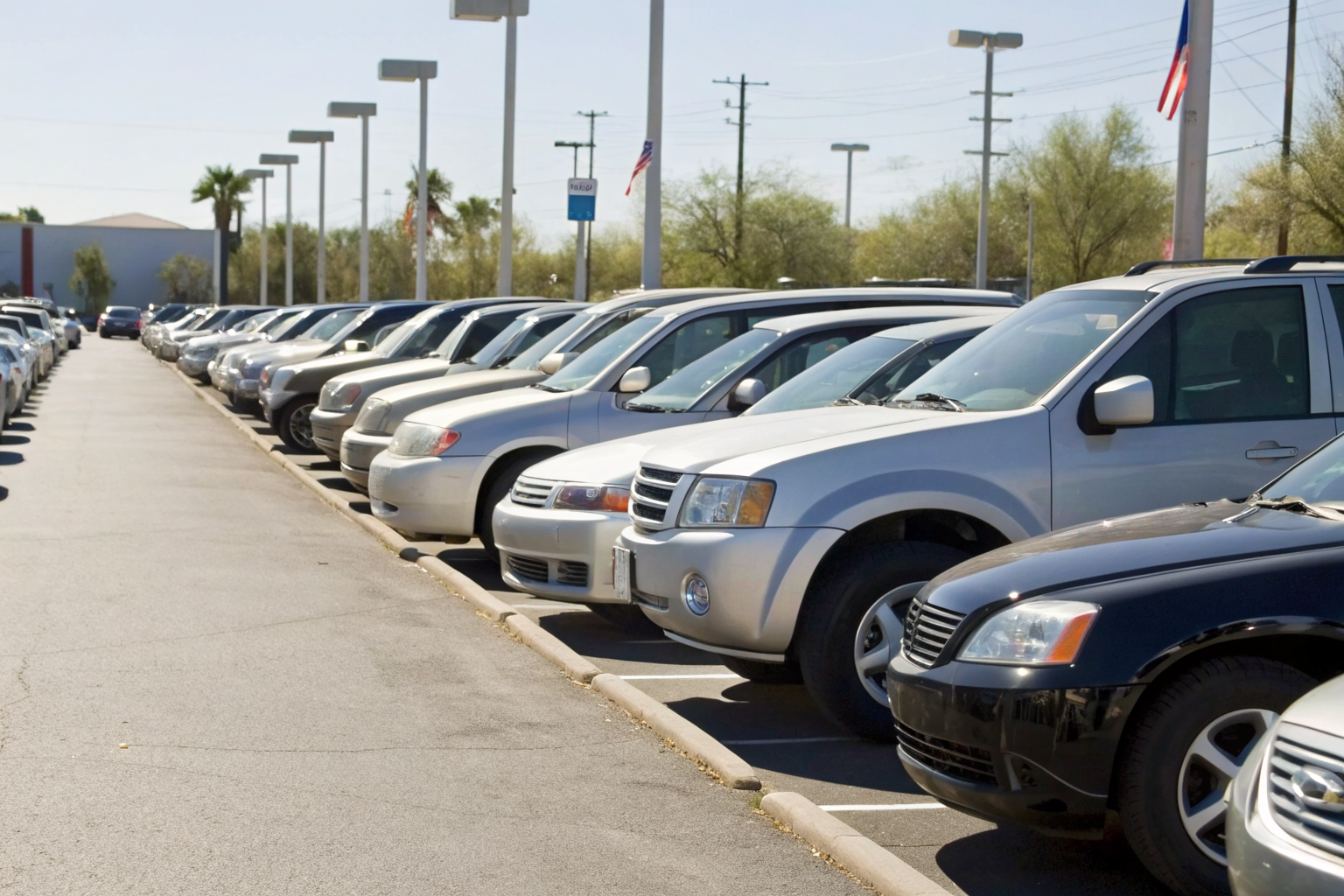 Arizona car dealership with financed cars and insurance signs.