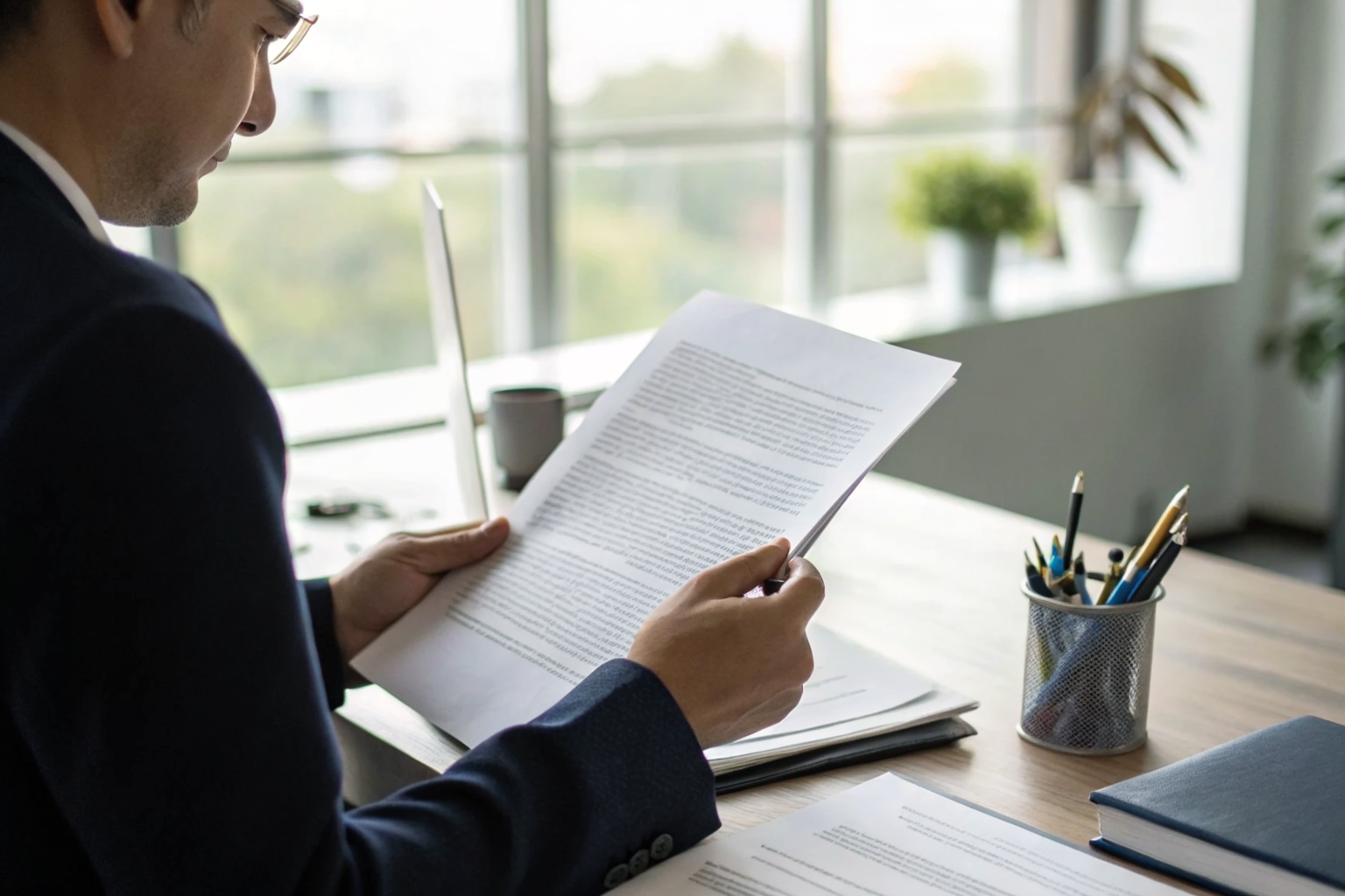Small business owner studying liability policy document in an office.