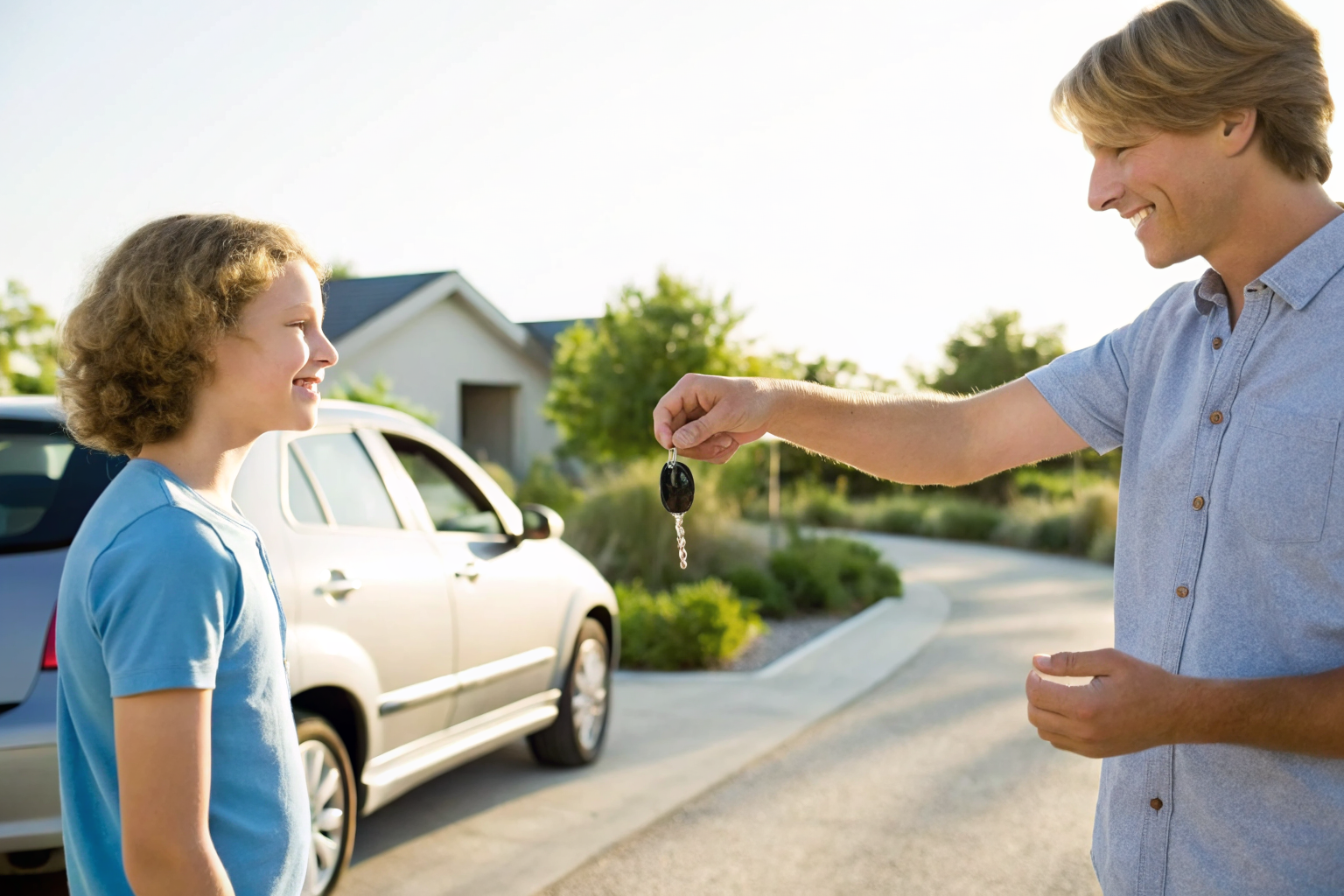 Parent handing car keys to teenage child with new car.