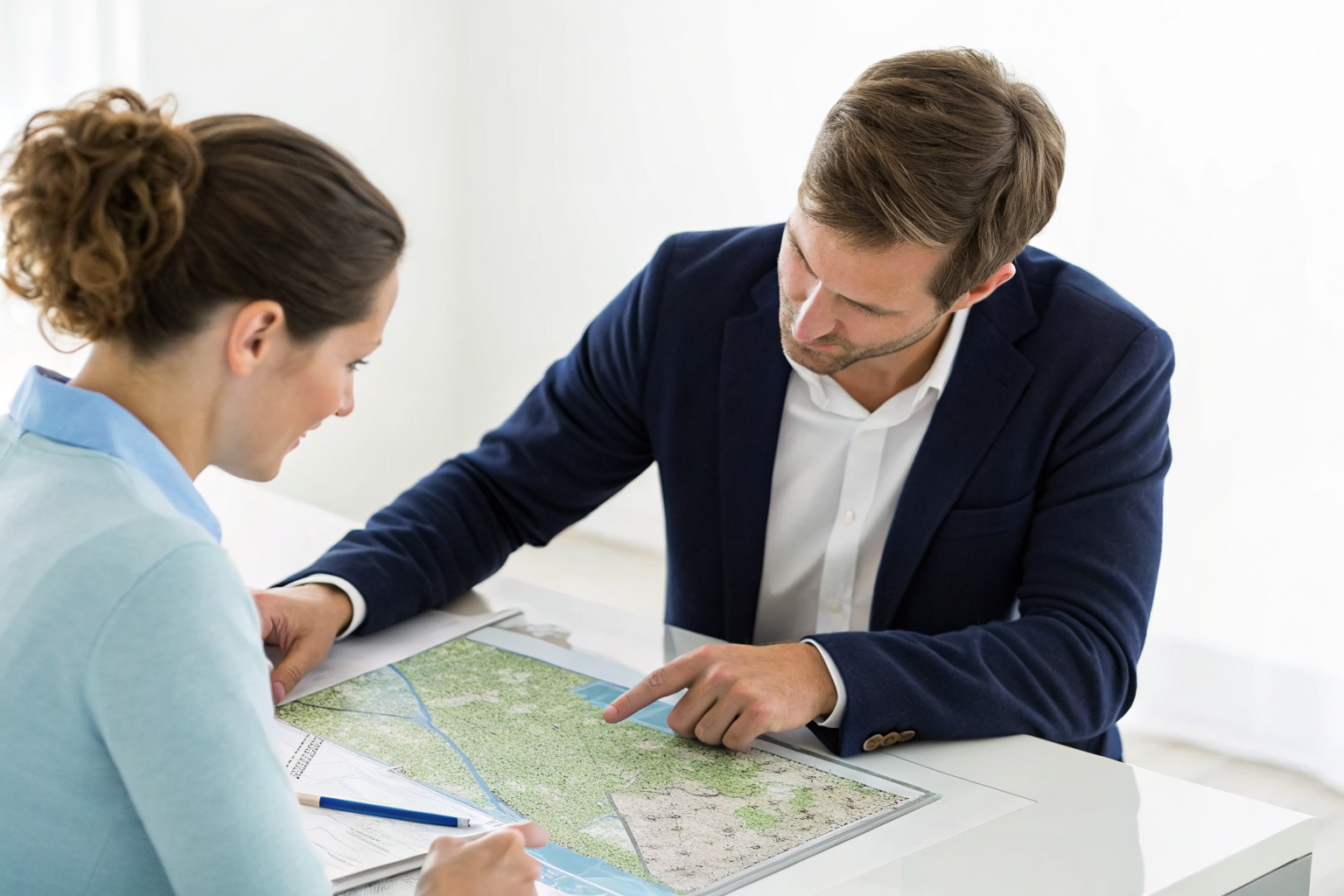Insurance agent explains flood zone maps to a homeowner.