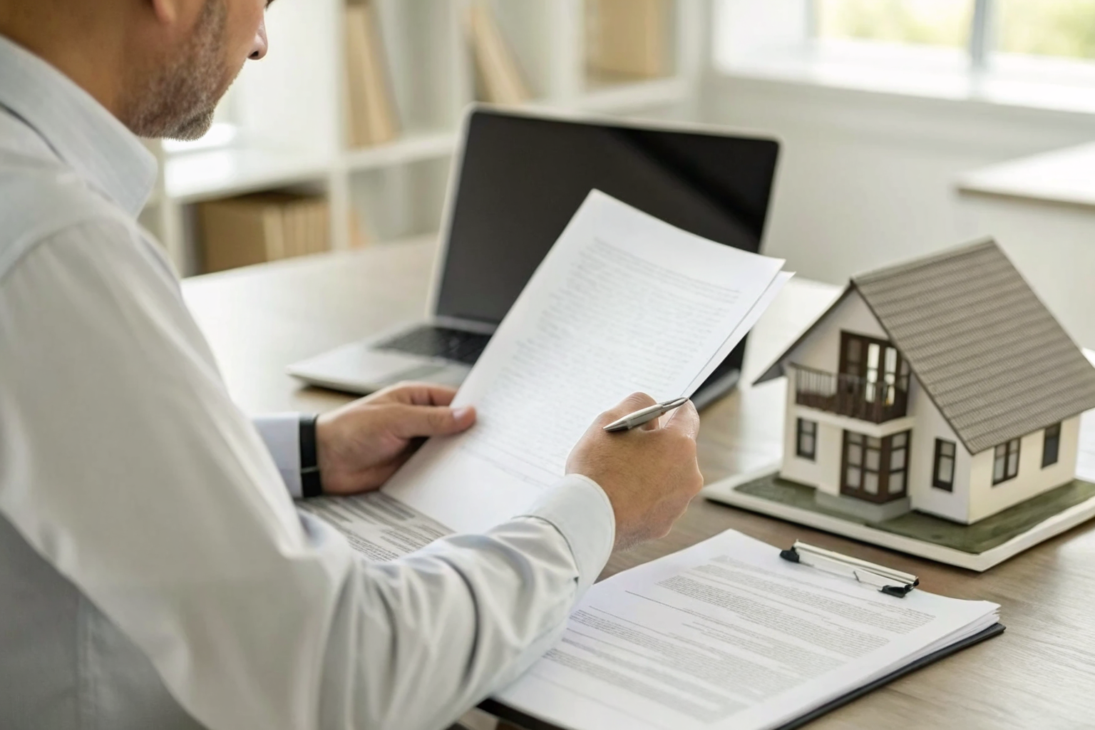 Insurance agent reviewing non-renewal documents at a desk.