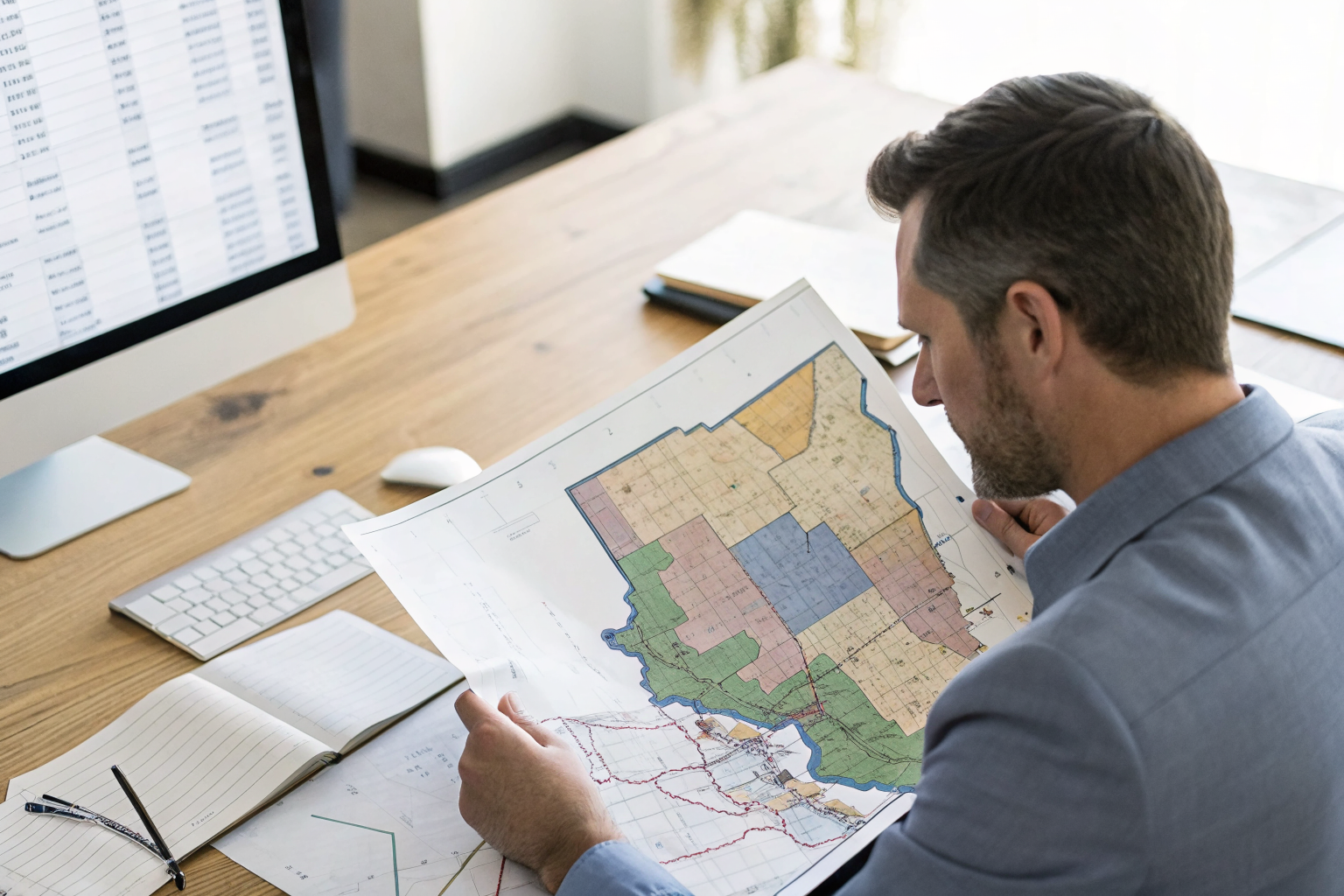 Insurance agent reviewing Arizona map and risk factors at desk.