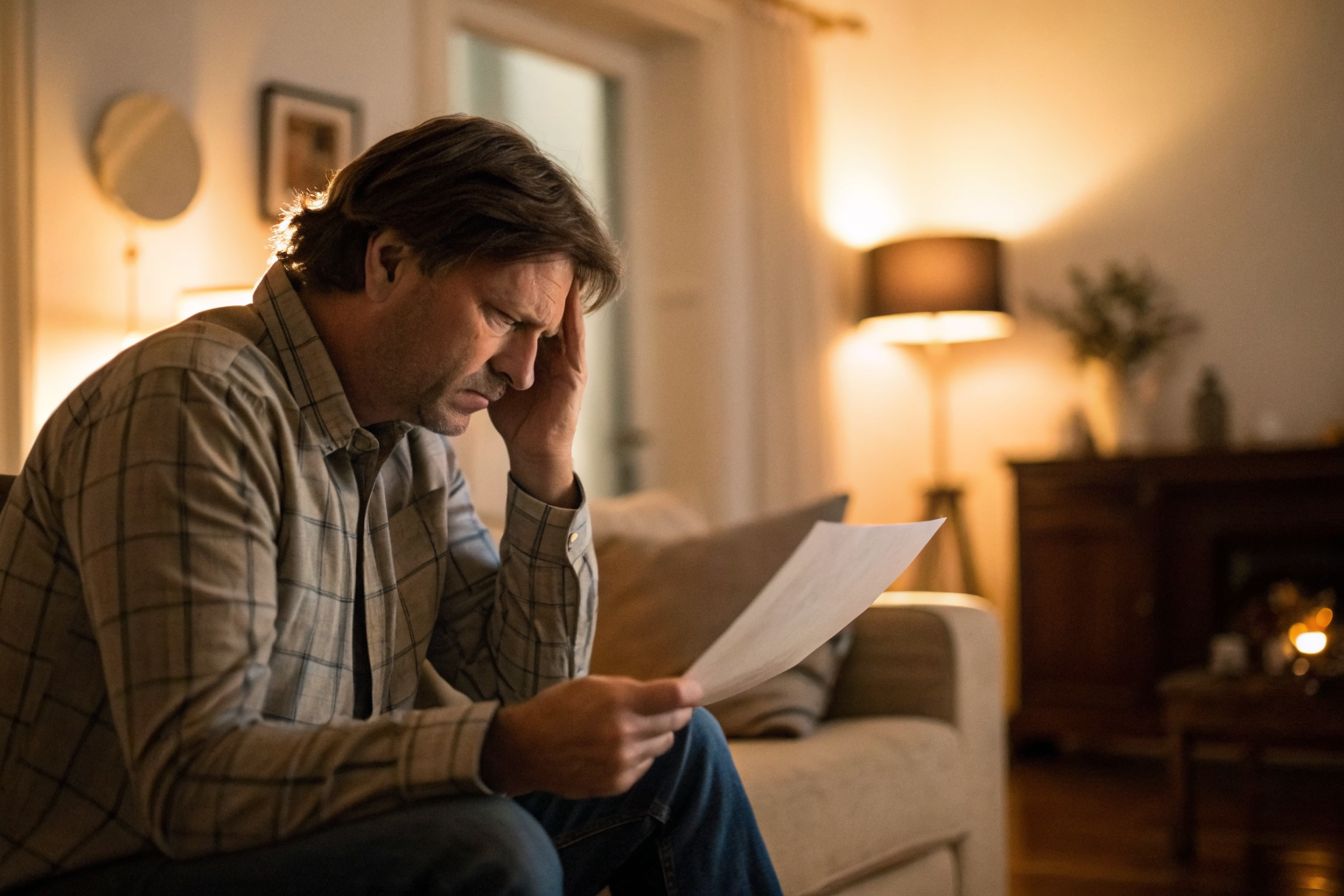 Homeowner reading a non-renewal notice in a softly lit living room.