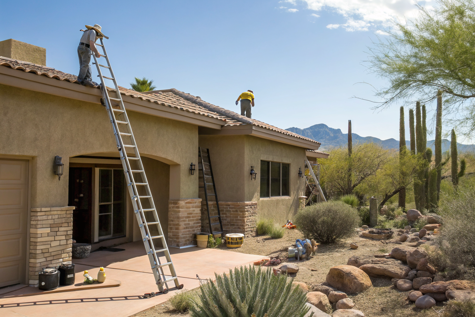Arizona home exterior with inspection tools, pre-monsoon preparation.