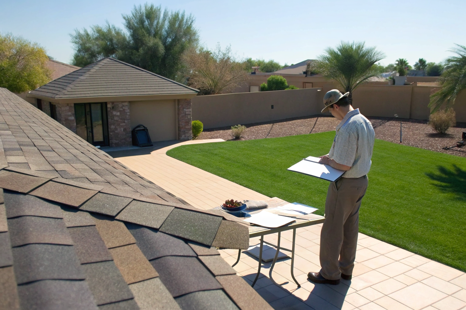 Homeowner viewing new roof with insurance papers on table.