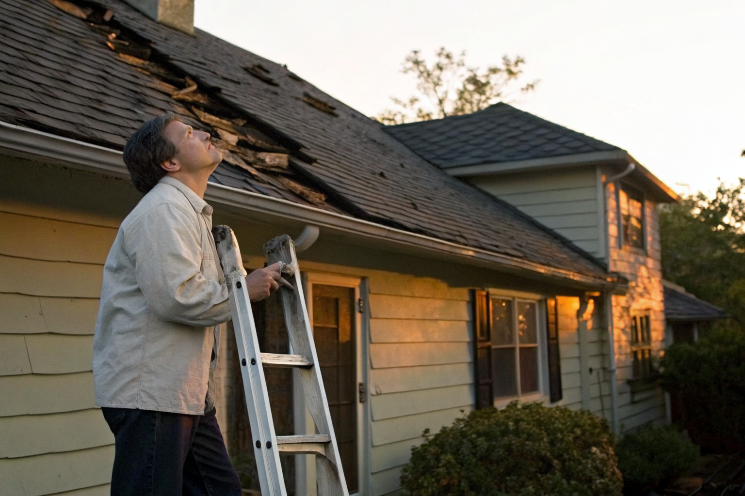 Homeowner inspecting aged roof, ladder, sunset background.