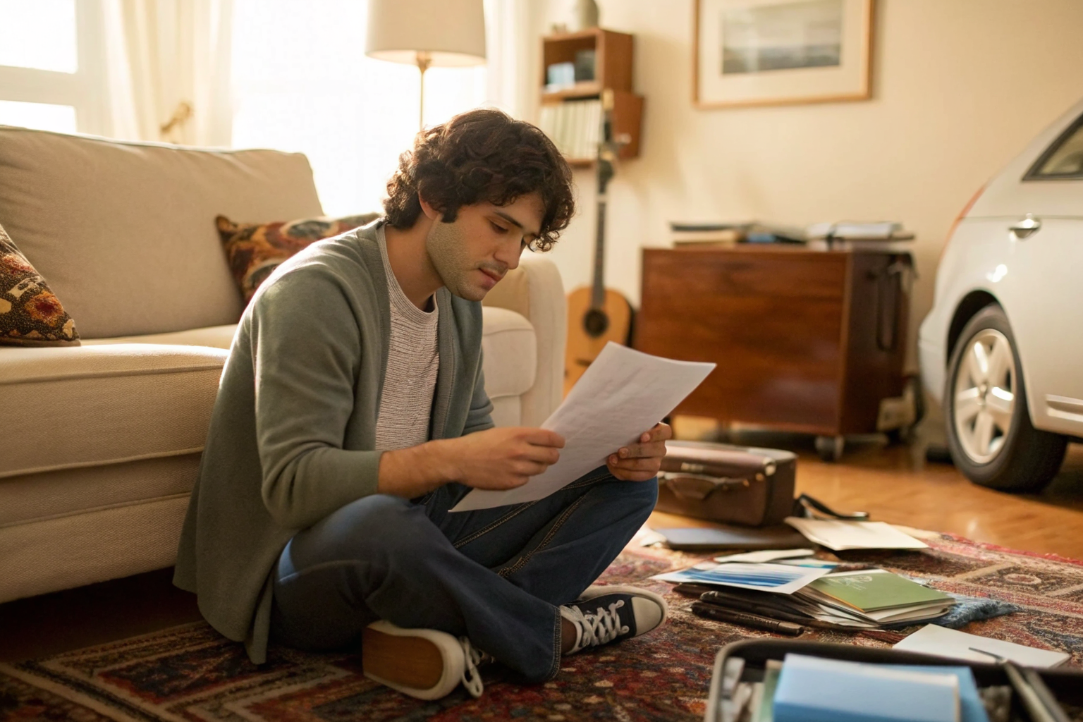Young driver in an apartment reviewing car insurance documents.
