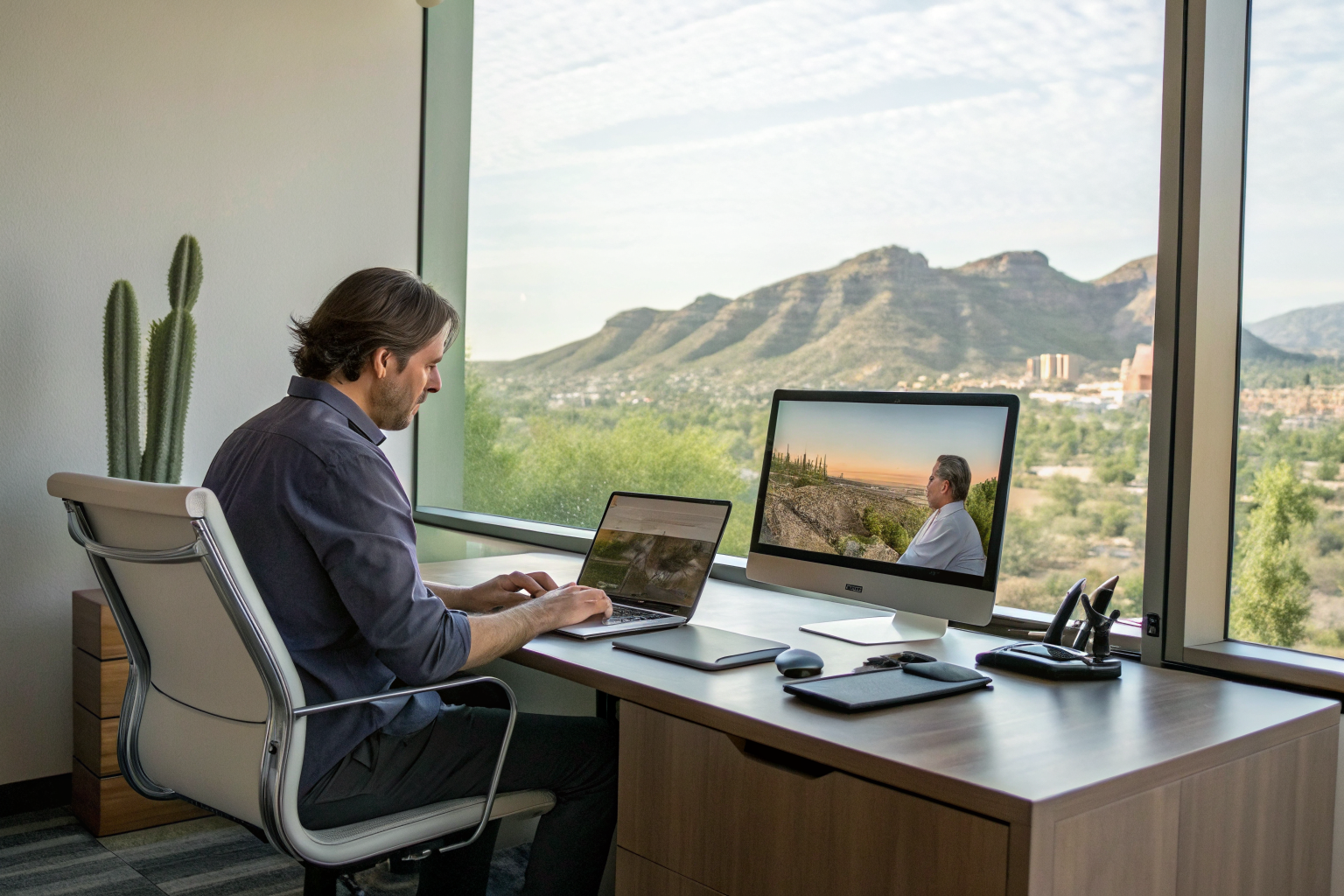 Agent working remotely with digital tools for client management.