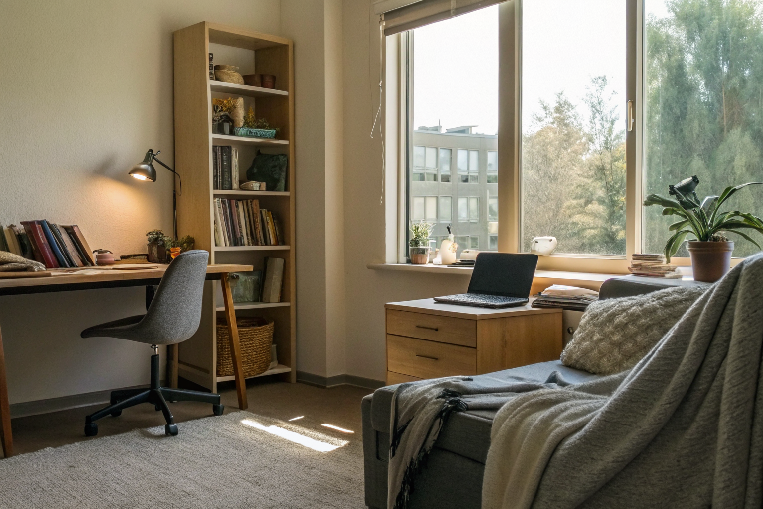 Inside a Tempe apartment, study area with books and laptop, student living.