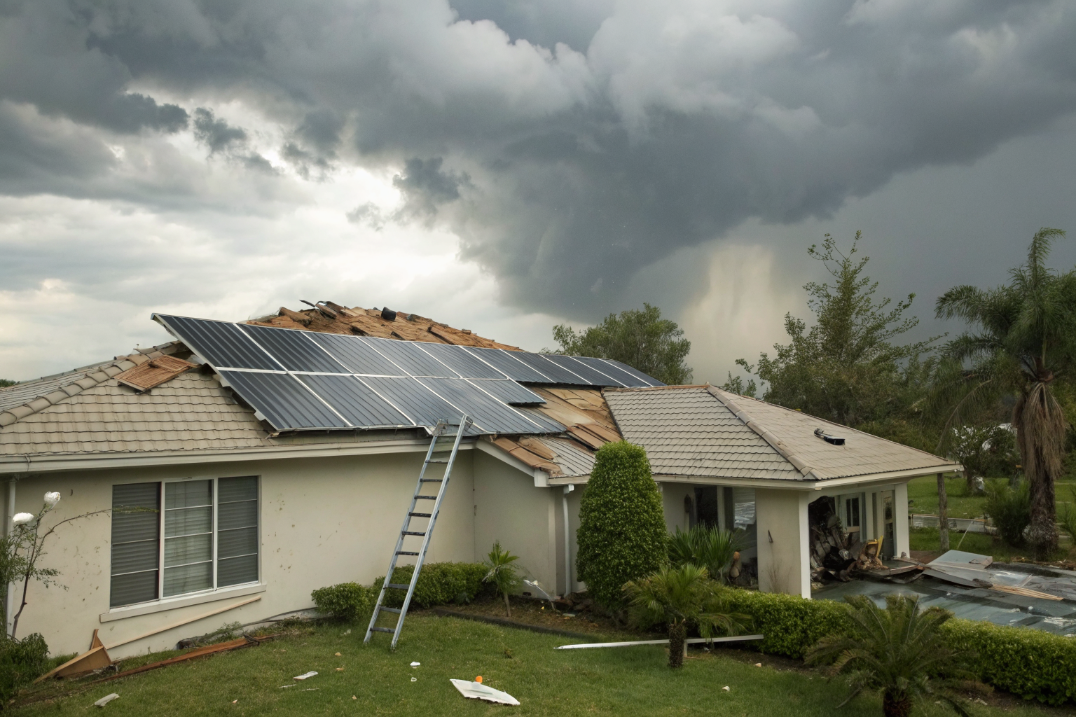 Damaged roof with broken solar panels after a storm.