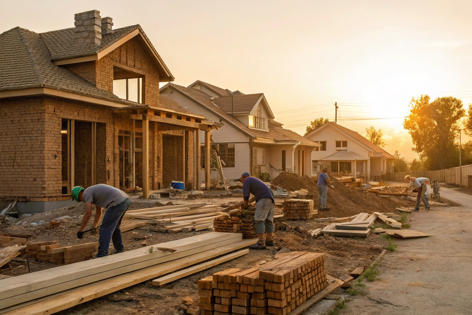 Construction site with workers rebuilding a home using materials.