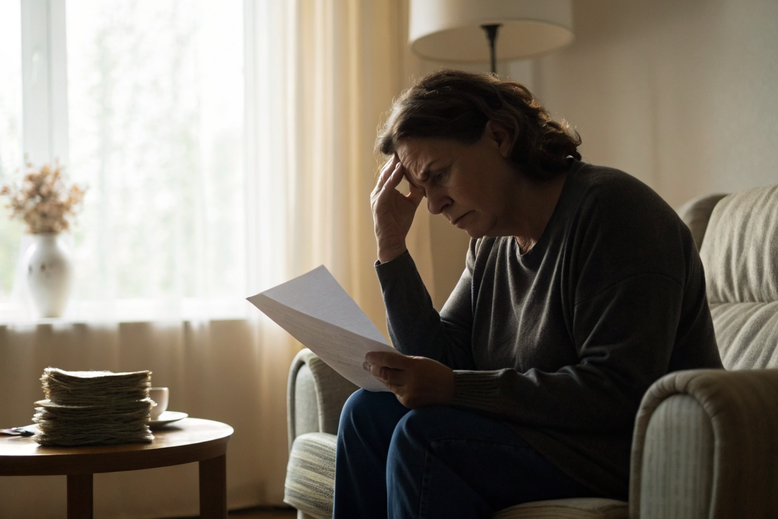 Homeowner reading a denial letter in a softly lit living room.