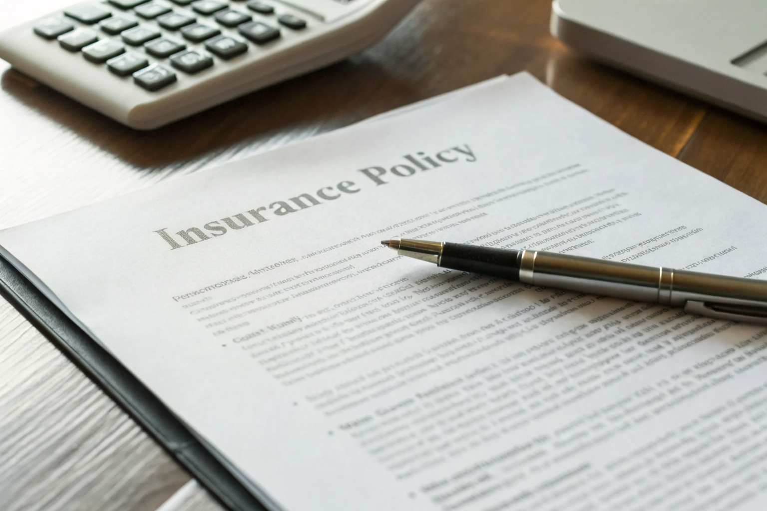 Insurance policy document with highlighted clauses on a desk.