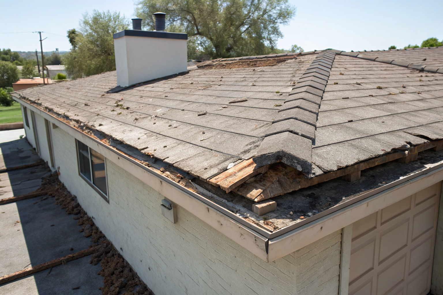 Old flat roof on Mesa home showing wear, highlighting insurance cost factor.