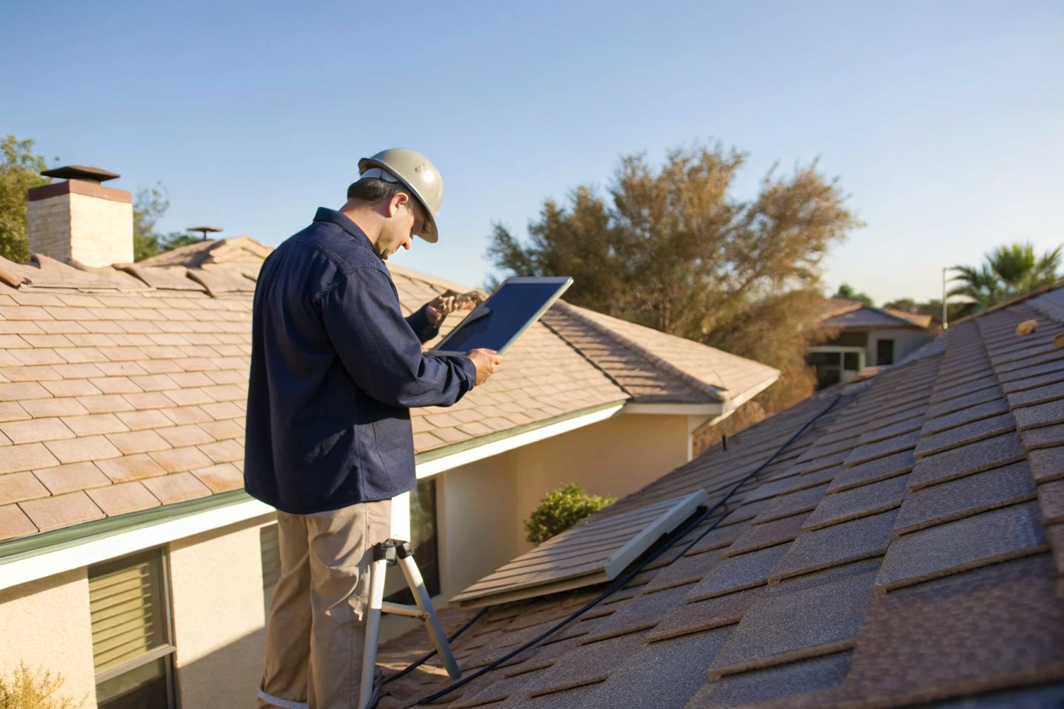 Insurance adjuster assessing roof age with a tablet.