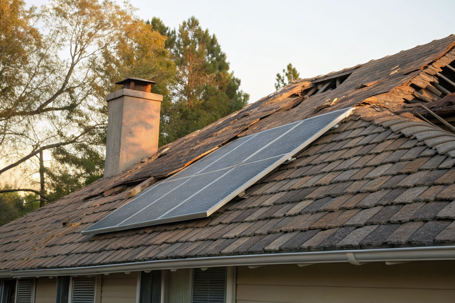 Aged roof with solar panels under warm lighting.