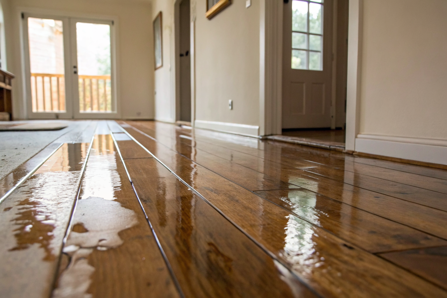 Hardwood floors with subtle swelling and discoloration from slow water damage.
