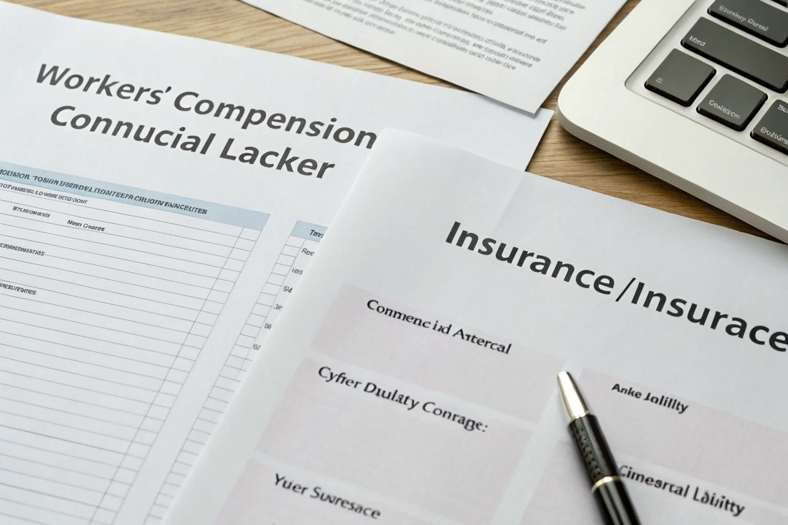 Four insurance documents for small businesses on a desk.