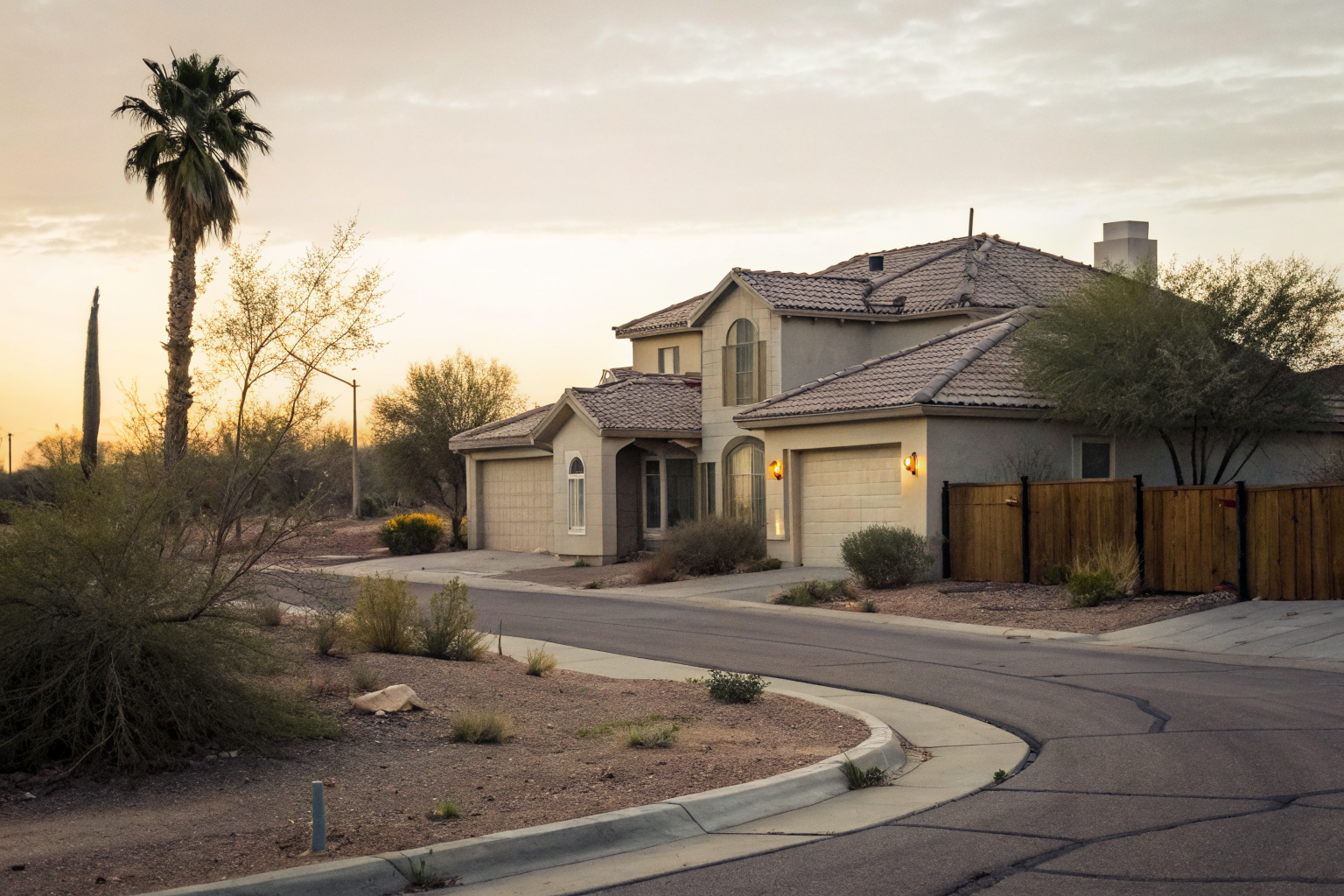 Vacant Scottsdale home with security signs and muted colors.