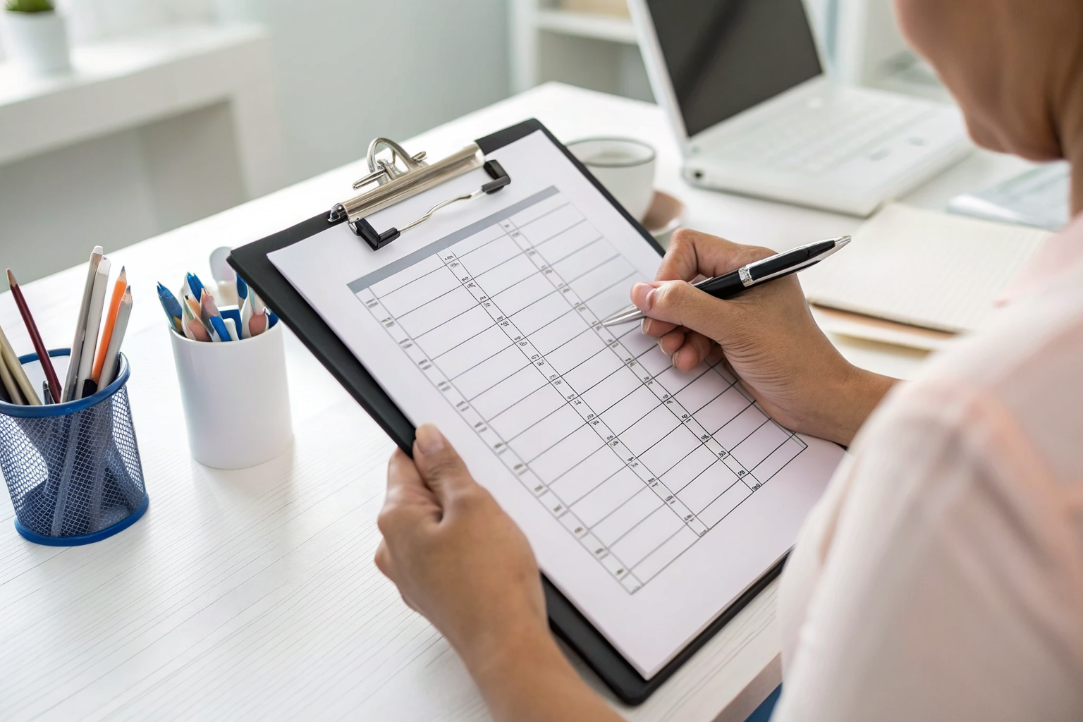 Person checking checklist on clipboard, calendar shows policy expiration date.