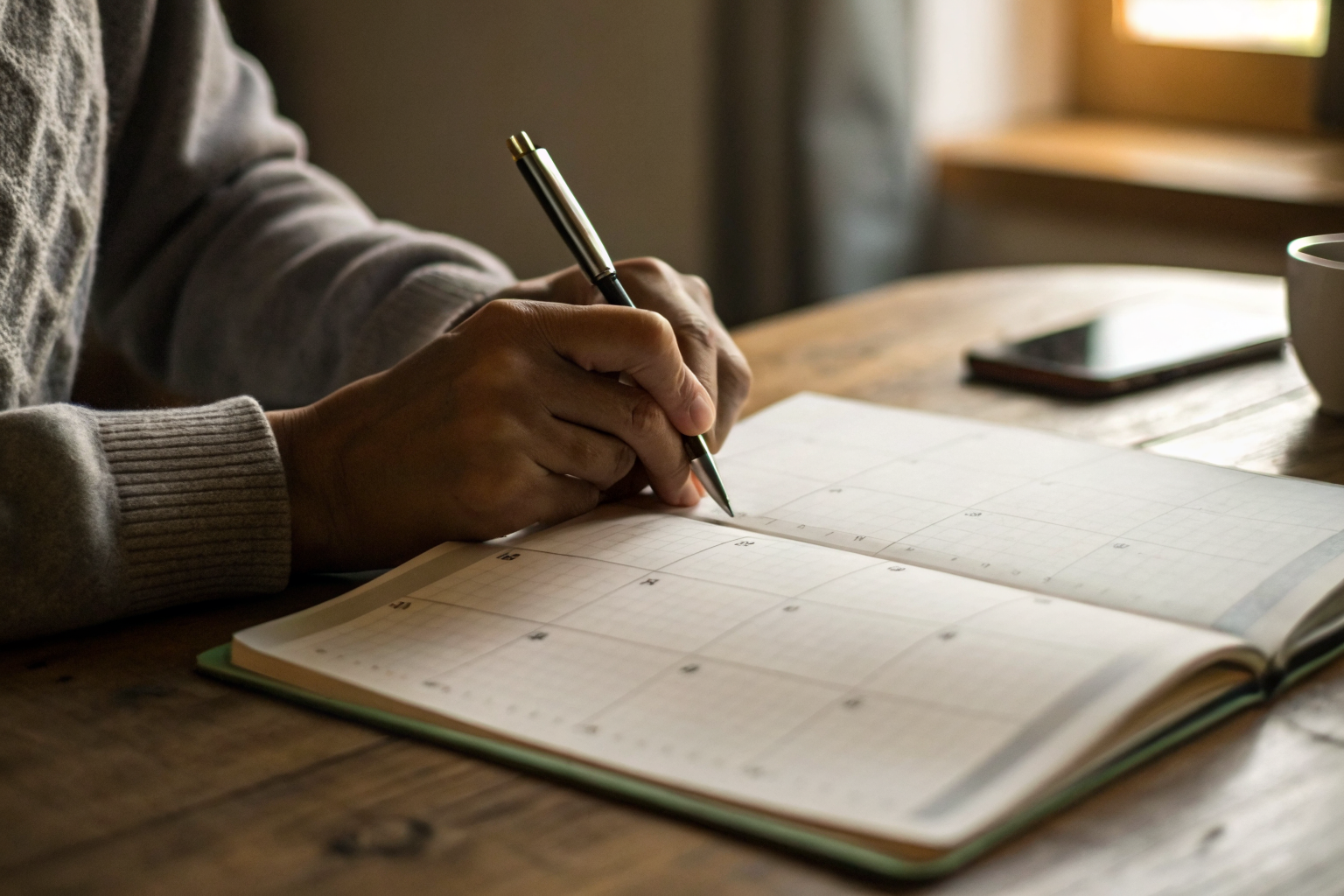 Person writing a date on calendar with opened letter on desk.