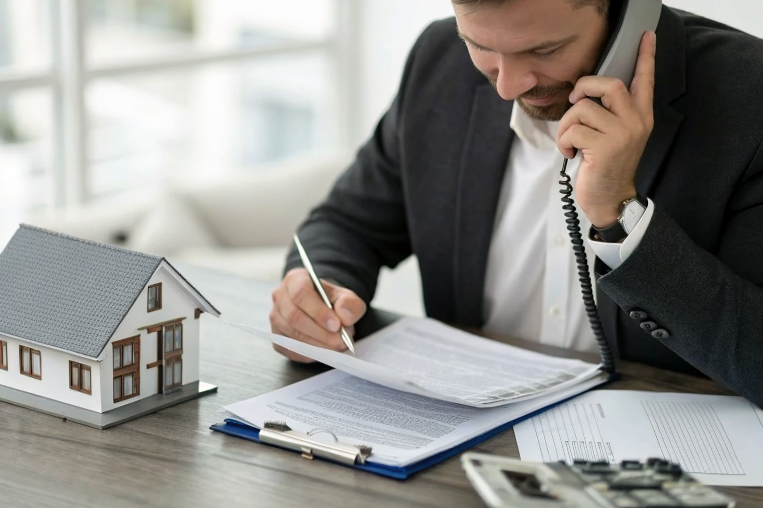 Agent at desk with insurance documents, holding phone for policy options.