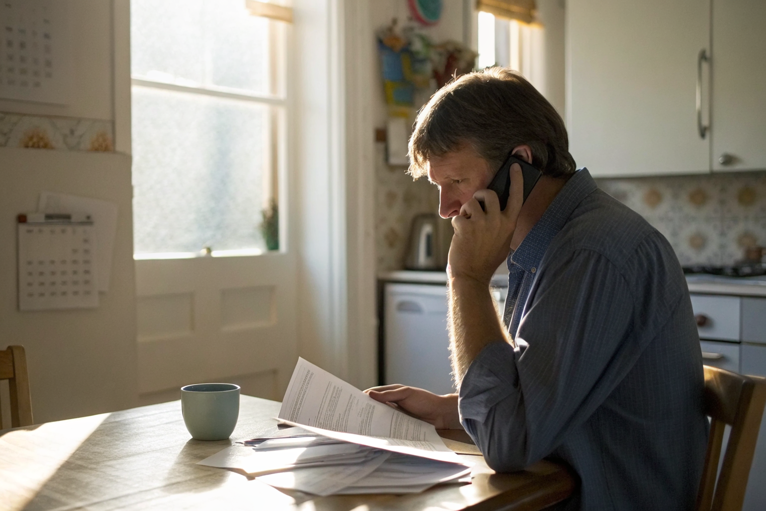 Homeowner on phone with insurance documents, deadline marked.