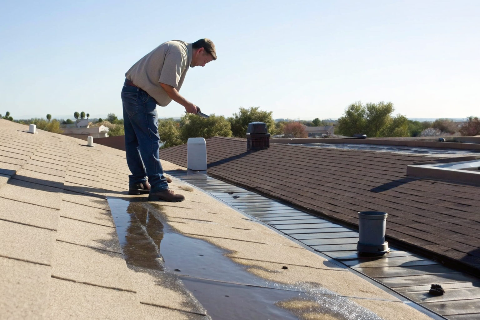 Roofing contractor inspecting flat roof with ponding in Phoenix.