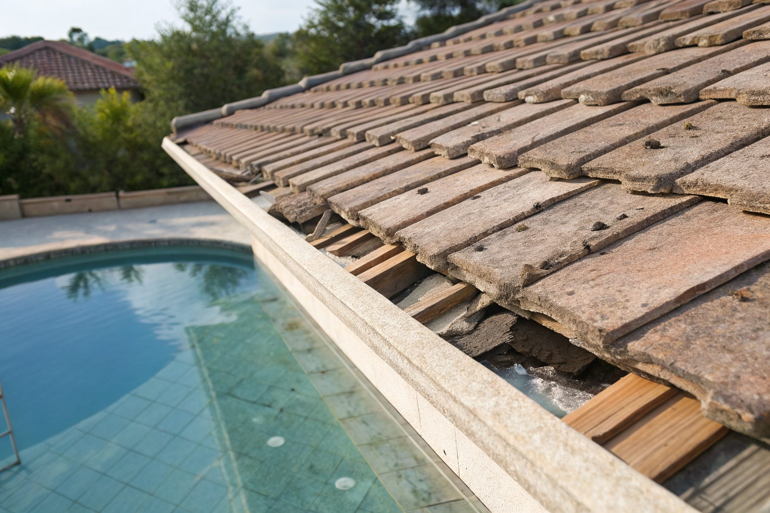 Detailed view of tile roof and pool in Chandler, Arizona.