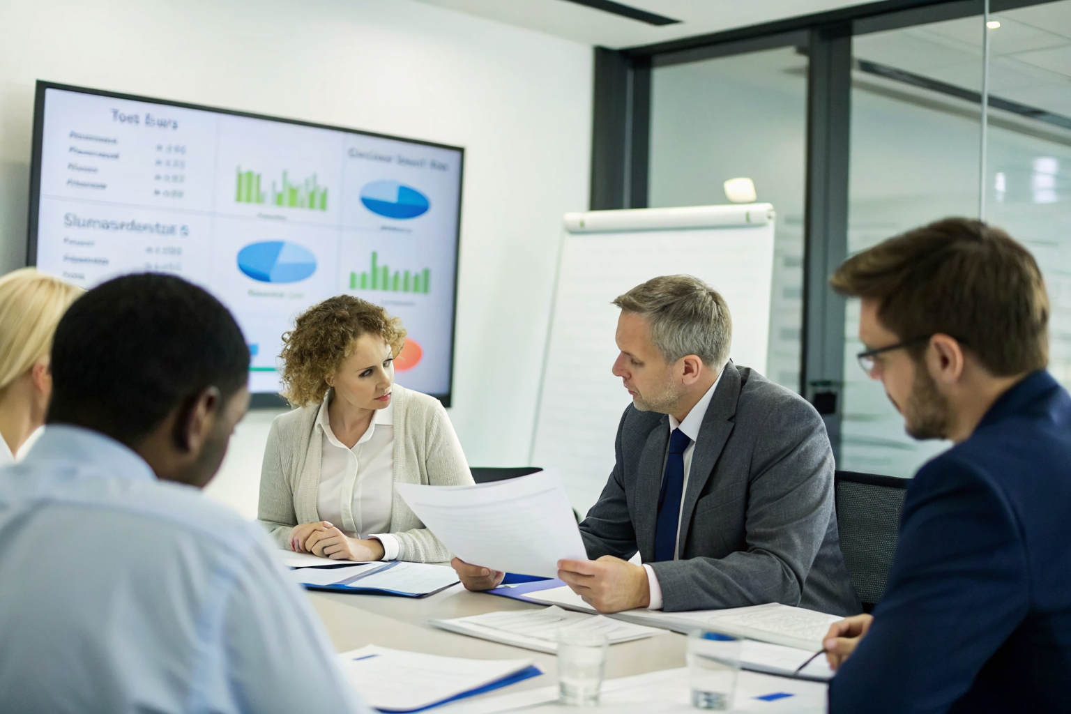 Group discussing insurance with visual aids and documents in meeting room.