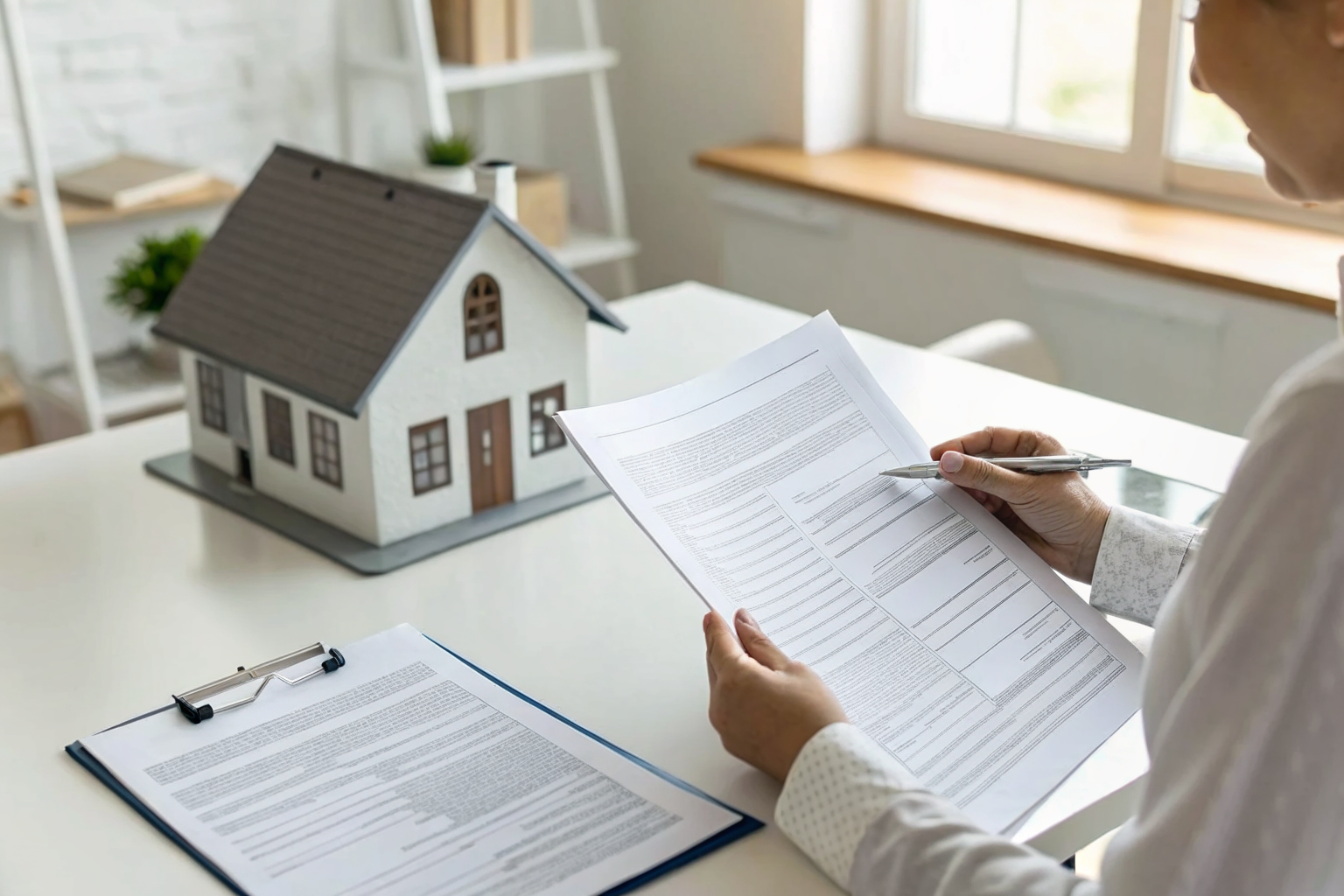 Homeowner comparing two insurance policy documents.