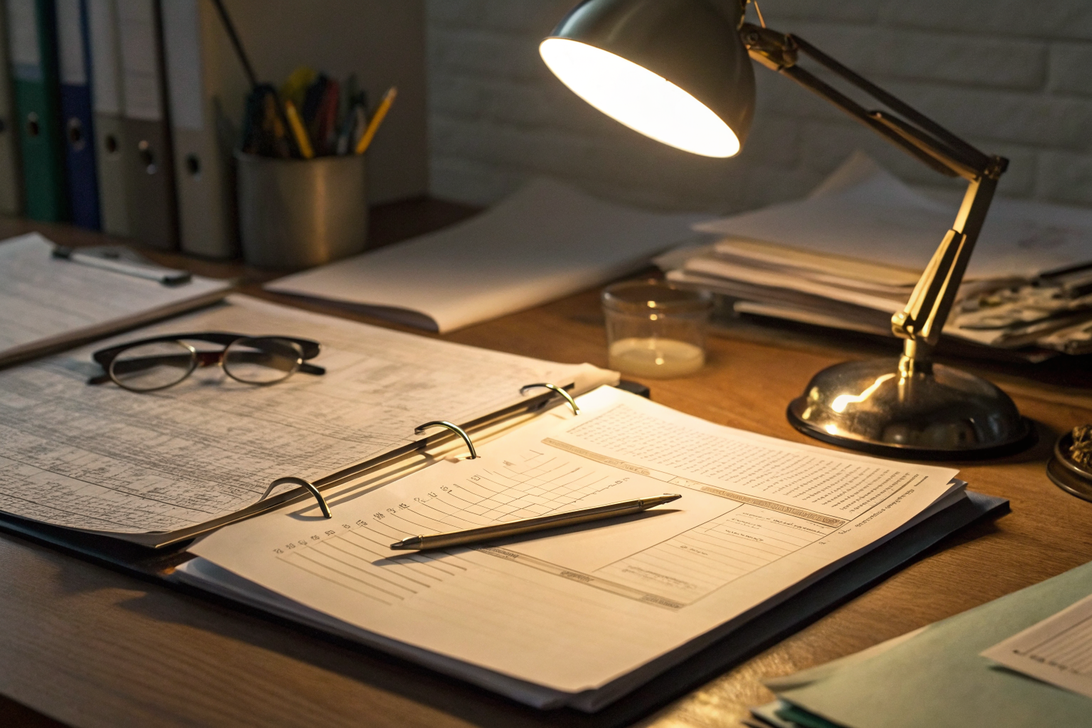 Desk with accident papers and police report under lamp.