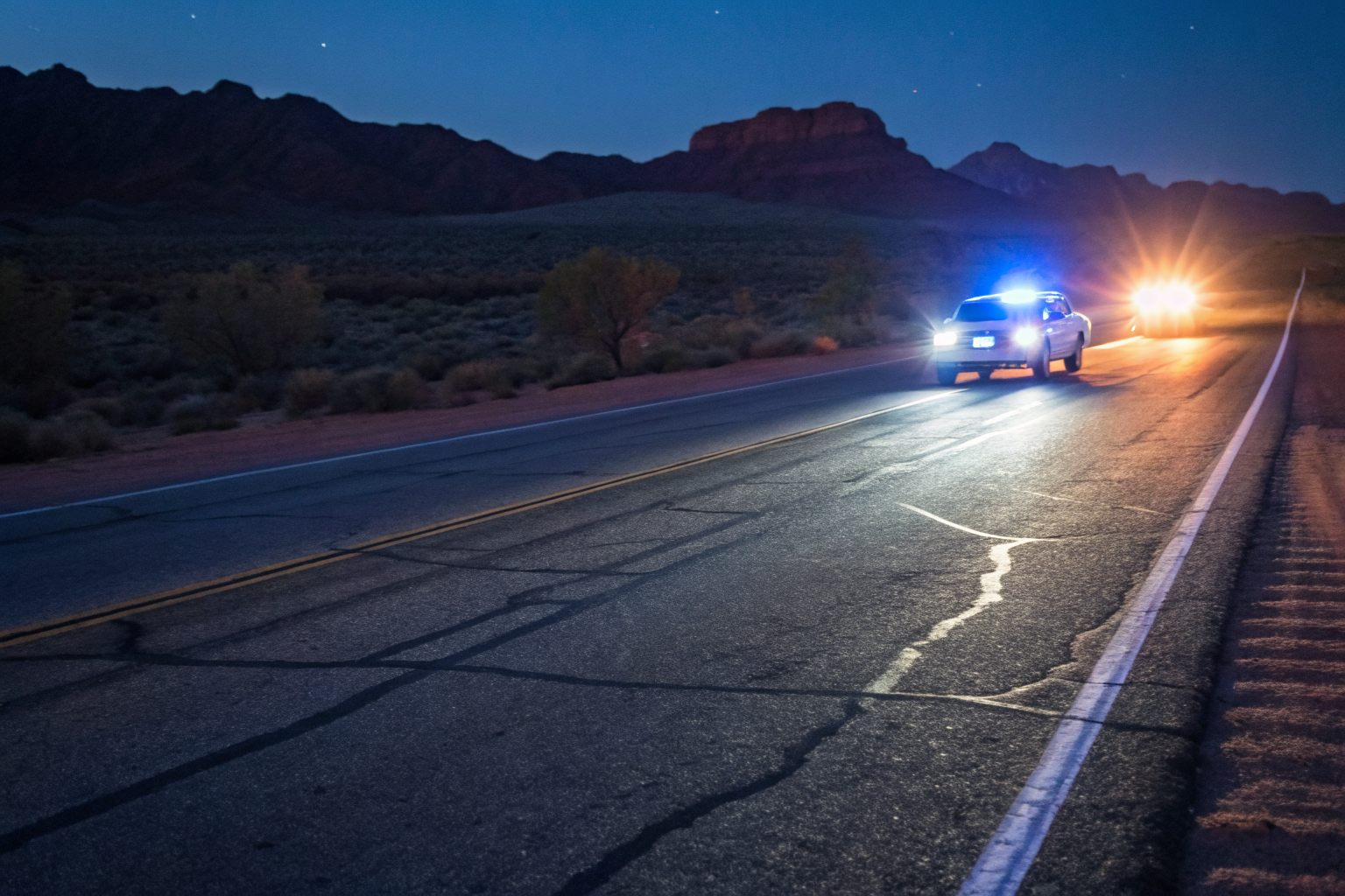 Night road in Arizona with skid marks and police lights.