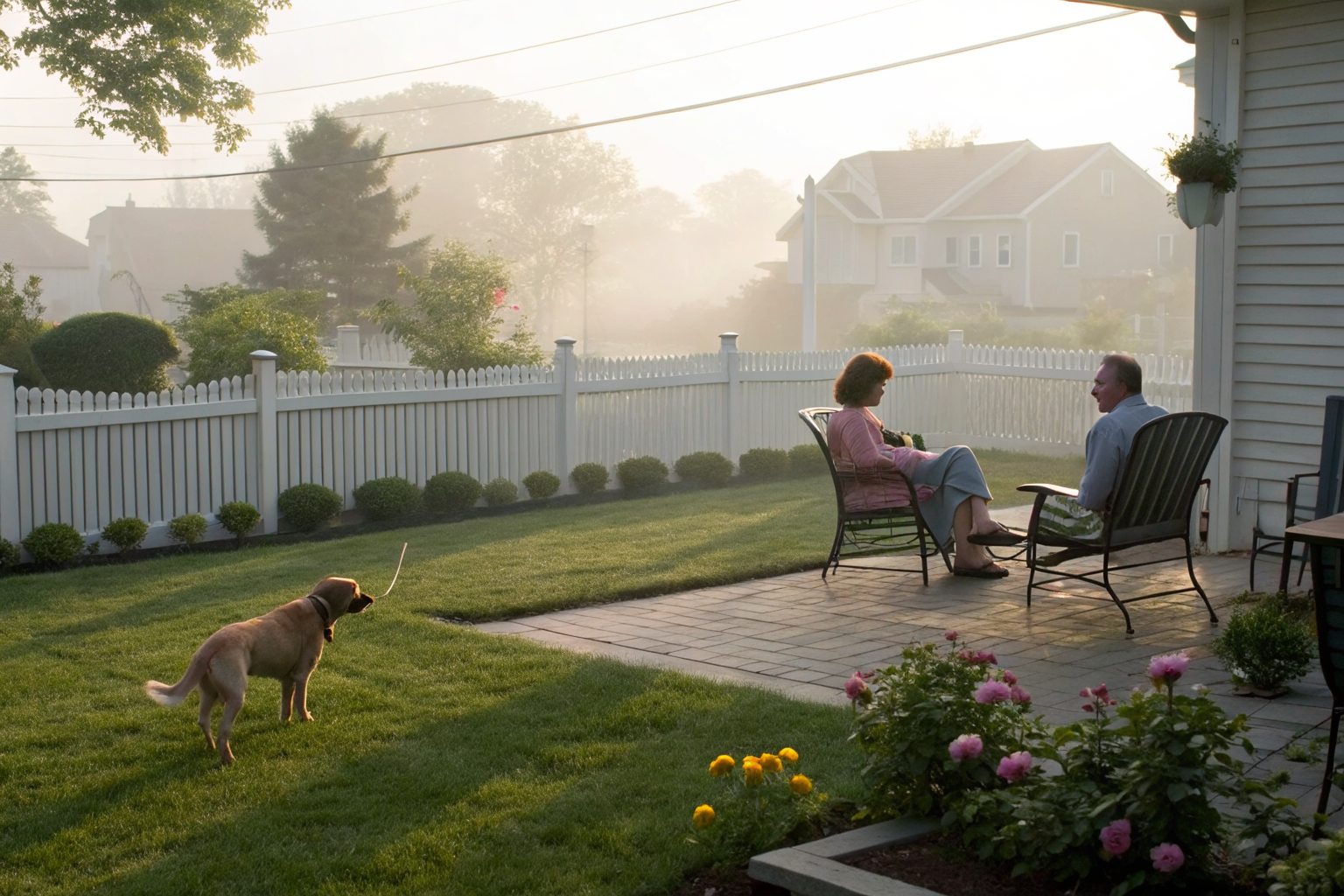 Dog playing fetch in backyard while couple discusses insurance.