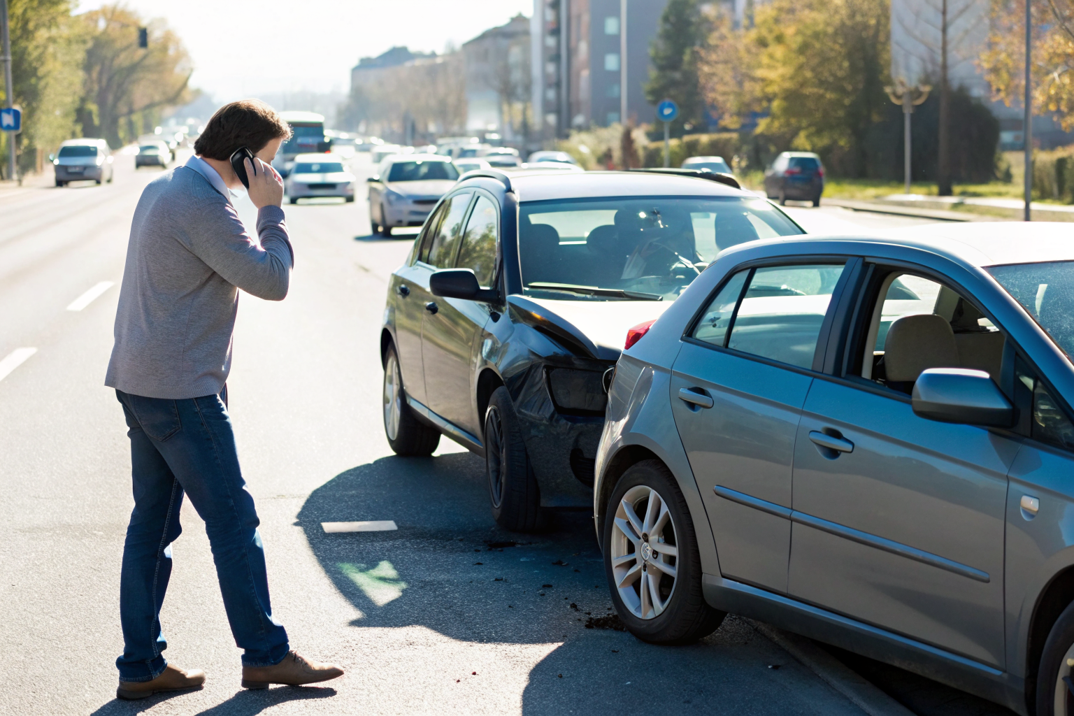 Two cars in minor collision with driver gesturing on phone.