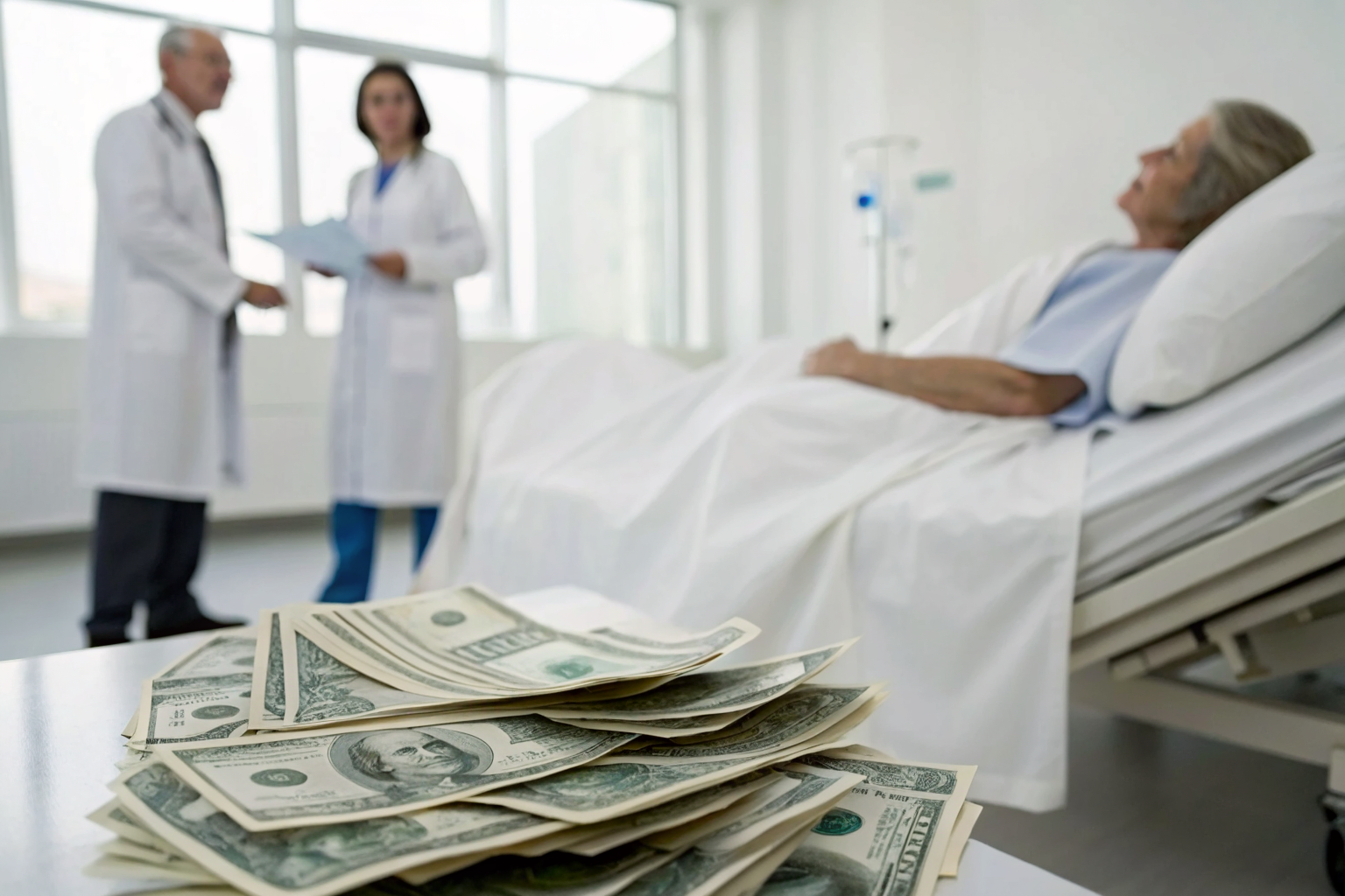 Patient in an Arizona hospital room with medical bills illustrating insurance gap.
