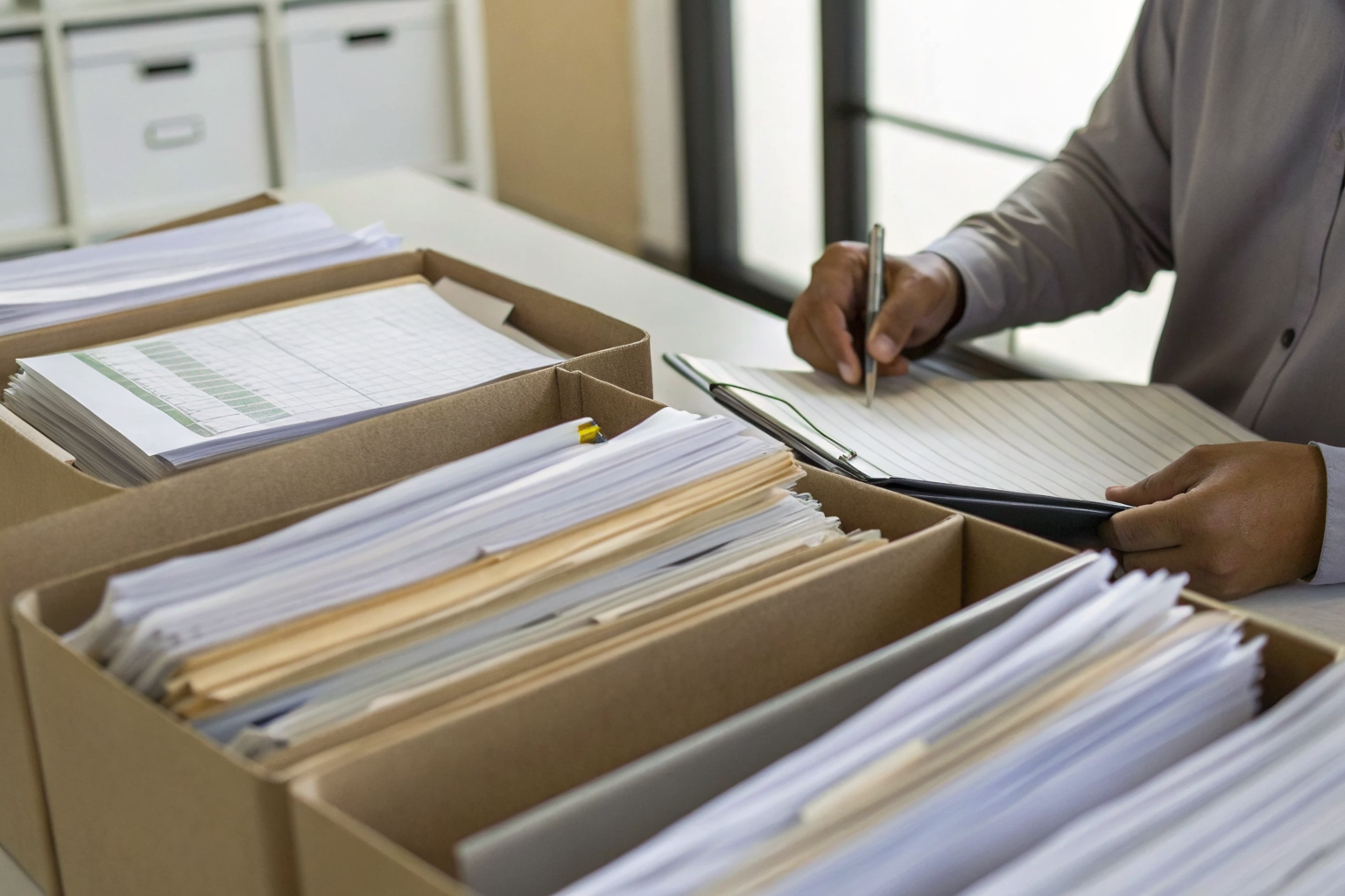 Office table with underwriting documents and folders for surplus lines.
