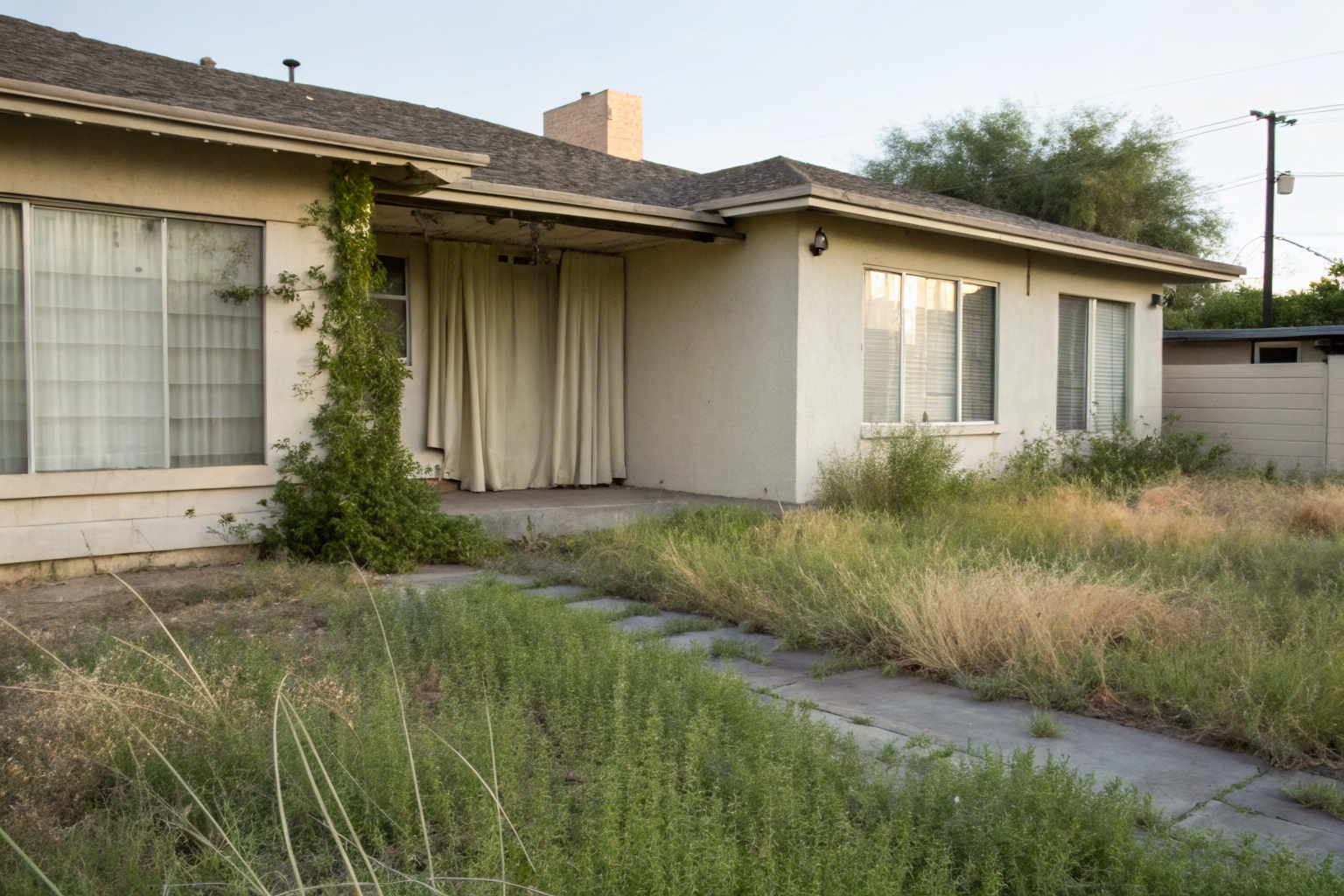 Empty Arizona home with overgrown lawn, highlighting vacant insurance necessity.