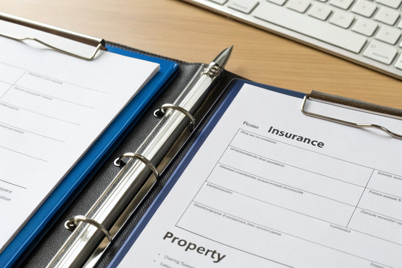 Three insurance forms labeled GL, Property, BI on a desk.