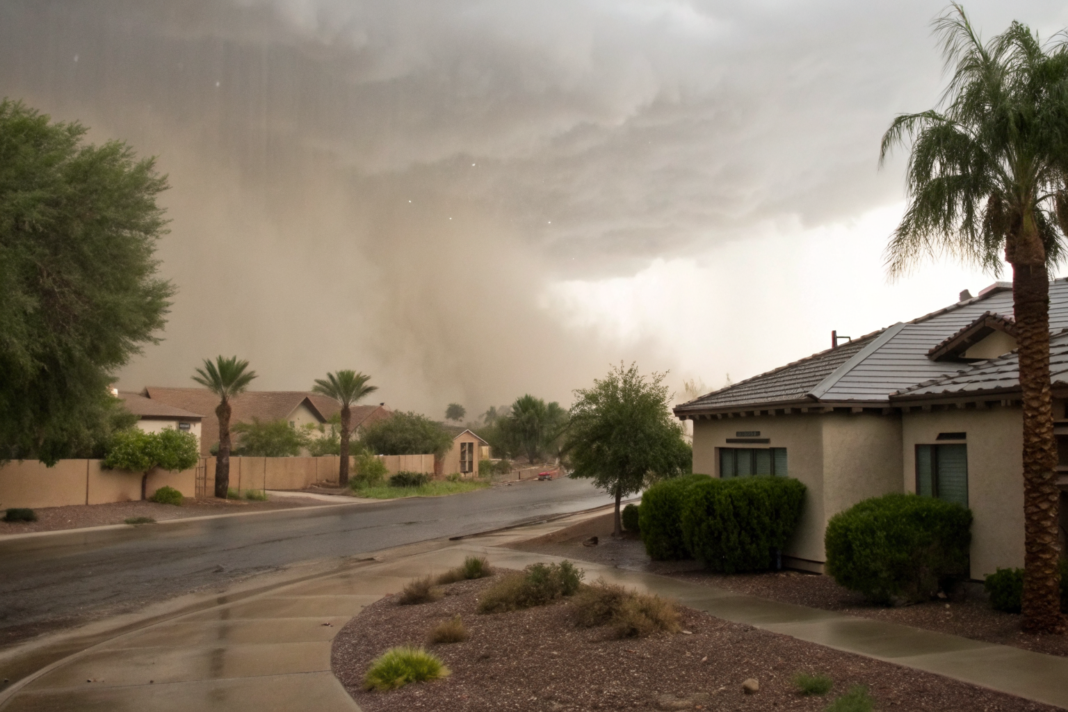 Haboob with rain approaching homes illustrating wind-driven rain exclusion.