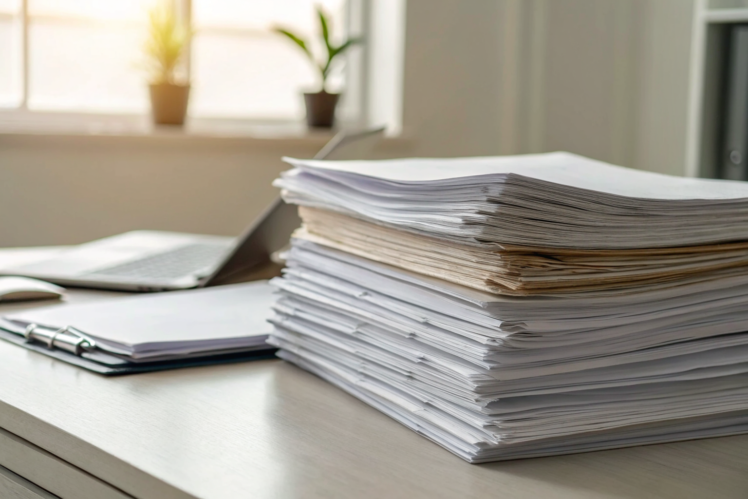 Paperwork stacks representing wind and hail deductibles on a desk.