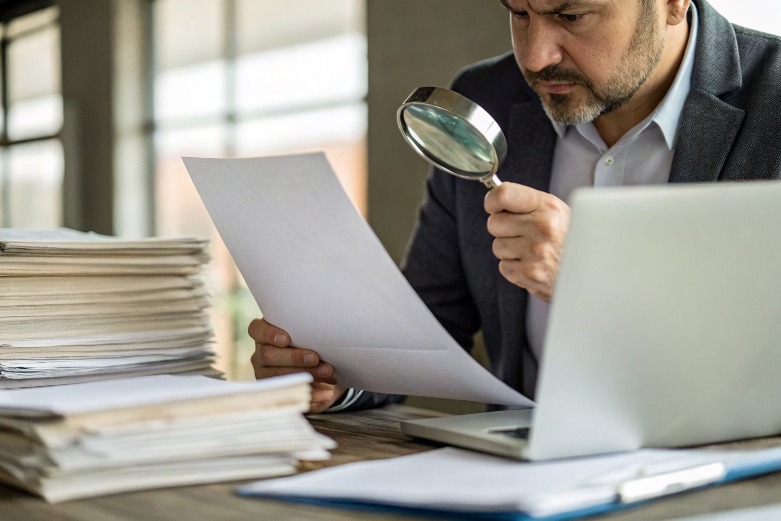 Business owner examining contract with a magnifying glass.