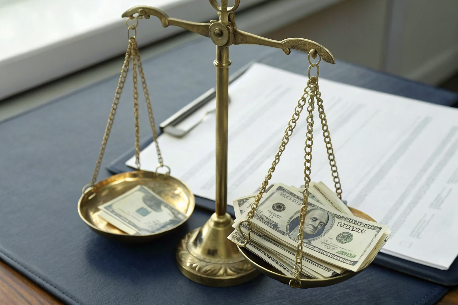 Old-fashioned scales with weights and currency, symbolizing insurance coverage challenges.