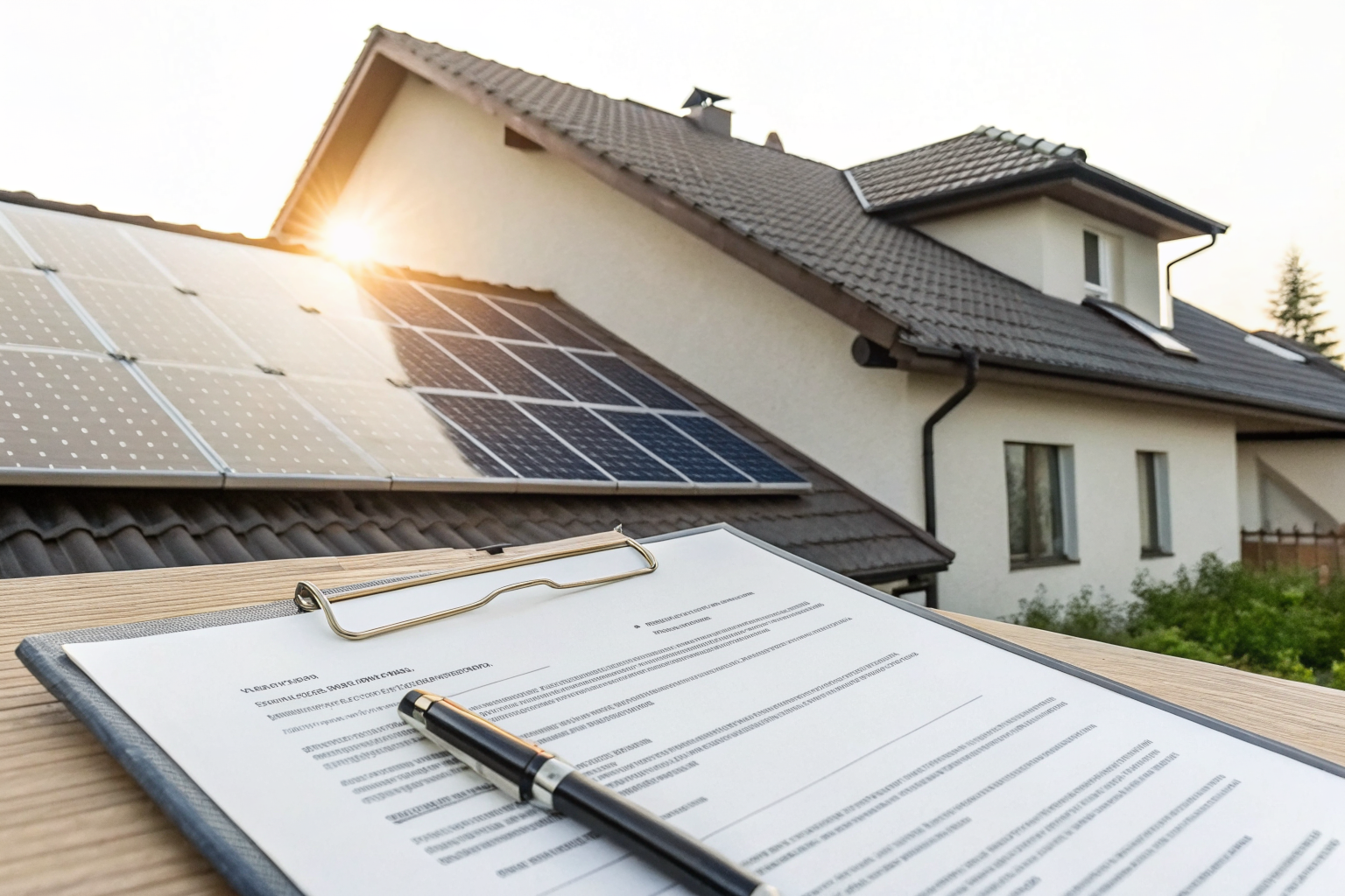 Illustration of a checklist with solar panels and policy document, depicting insurance update process.